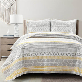 Full/Queen Scandinavian Grey/Yellow Reversible Cotton Quilt Set