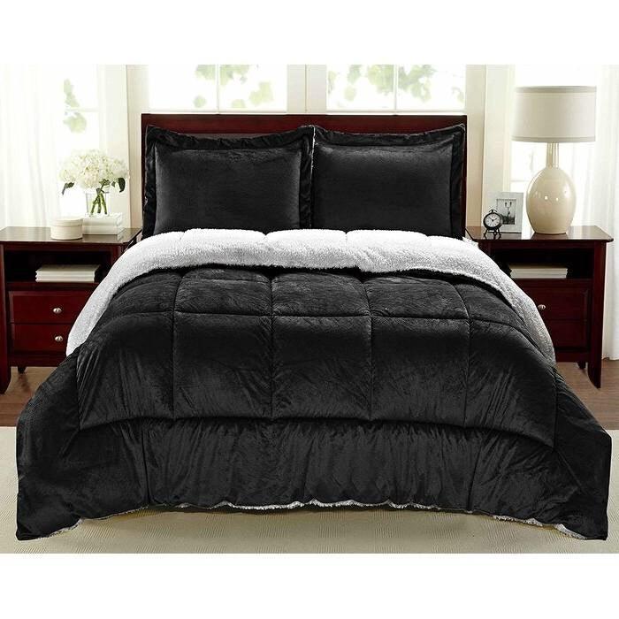 Full Size 3 Piece Ultra Soft Sherpa Wrinkle Resistant Comforter Set in Black