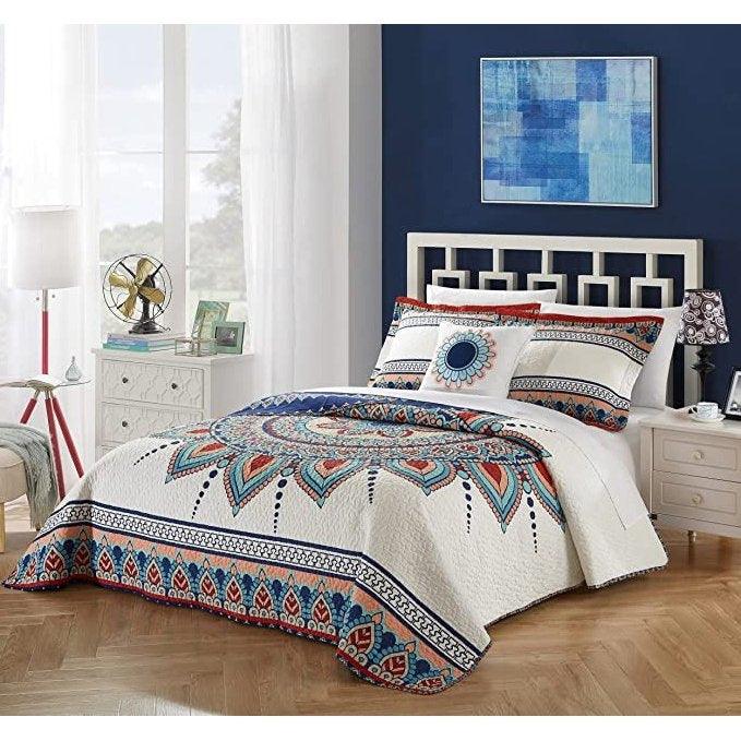 King size 4 Piece Cotton Blue White Boho Geometric Reversible Quilt Set