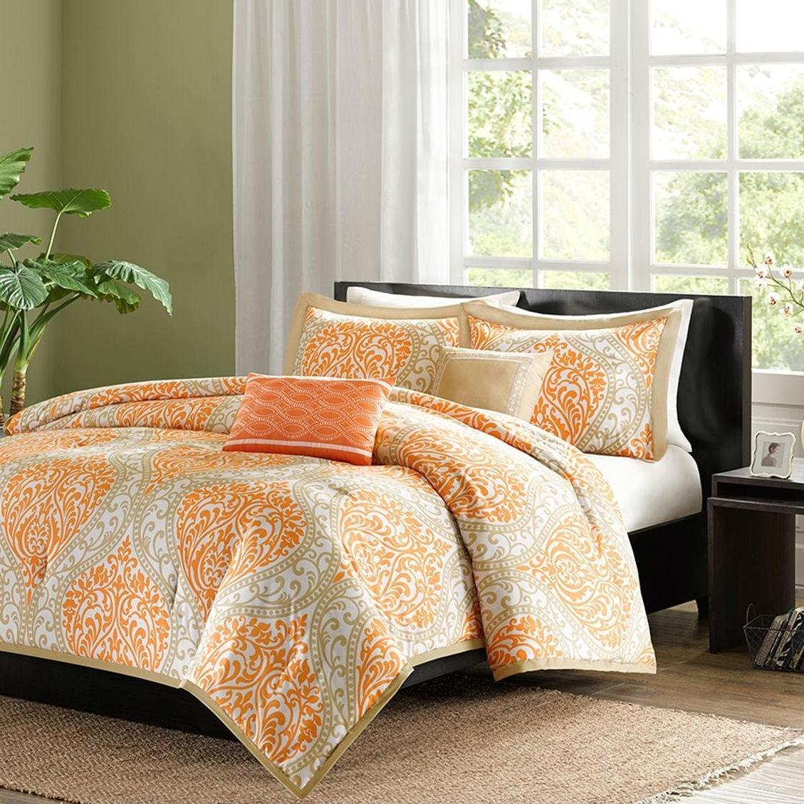 King size 5-Piece Comforter Set in Orange Damask Print - beddingbag.com