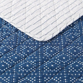 King size Blue White Dots and Stripes 100-Percent Cotton Reversible Quilt Set