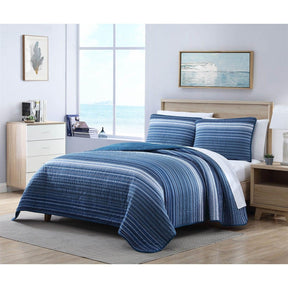 King Size Coastal Blue Stripe Reversible Cotton Quilt Set
