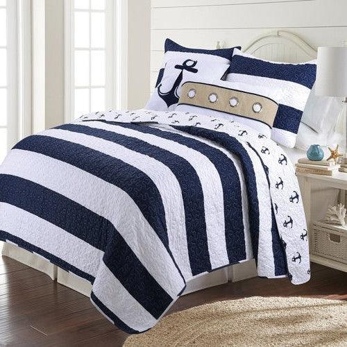 2 Piece Nautical Stripped/Anchors Reversible Microfiber Quilt Set Navy, Twin