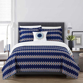 Queen size 4 Piece Cotton Blue White Boho Geometric Reversible Quilt Set