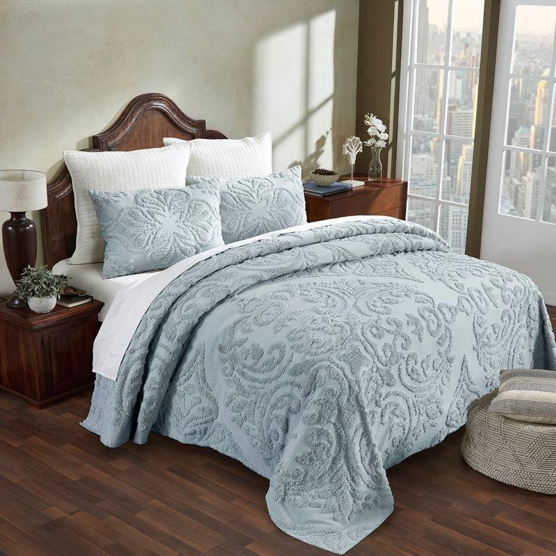 Queen size 100-Percent Cotton Chenille 3-Piece Coverlet Bedspread Set in Blue
