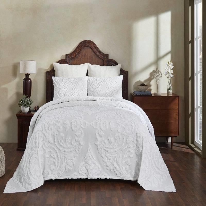Queen Size OverSized 100% Cotton Chenille 3 PCS Coverlet Bedspread Set in White