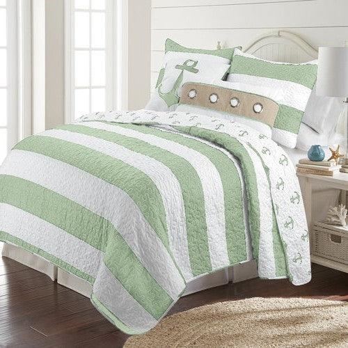 2 Piece Nautical Stripped/Anchors Reversible Microfiber Quilt Set Green, Twin