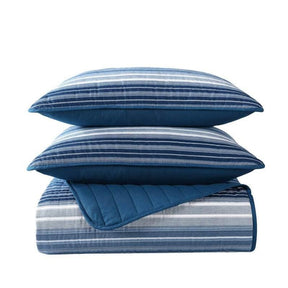 Twin Size Coastal Blue Stripe Reversible Cotton Quilt Set