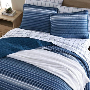 Twin Size Coastal Blue Stripe Reversible Cotton Quilt Set