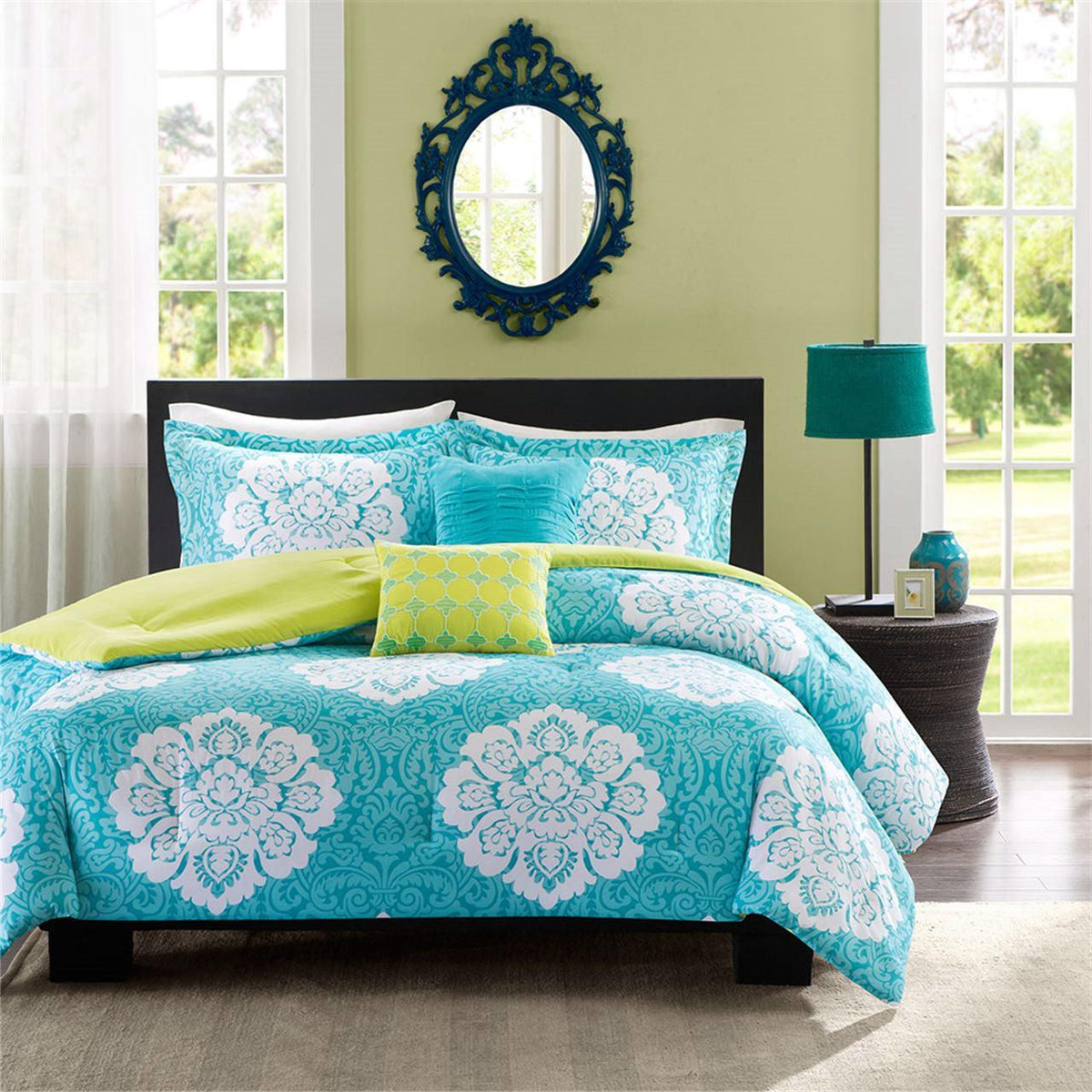 Twin size Teal Blue Damask Comforter Set with Green Accents - beddingbag.com