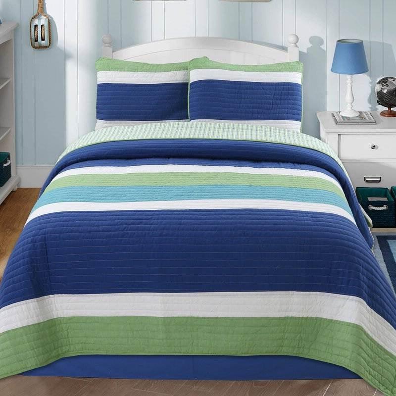 Twin Size Navy Blue/Green/Teal/White Stripe 100-Percent Cotton Quilt Set