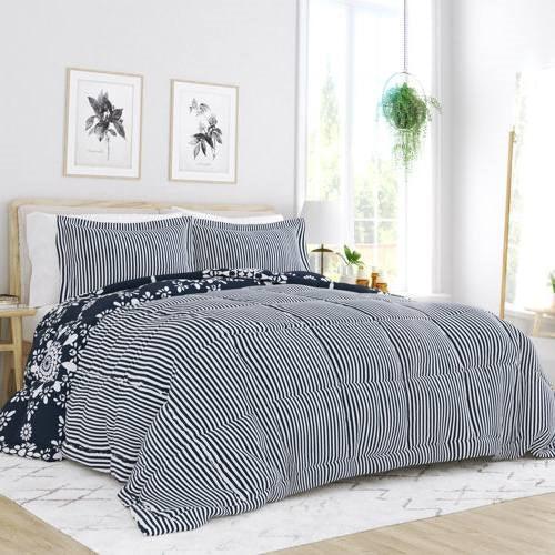 Twin size 3-Piece Navy Blue White Reversible Floral Striped Comforter Set