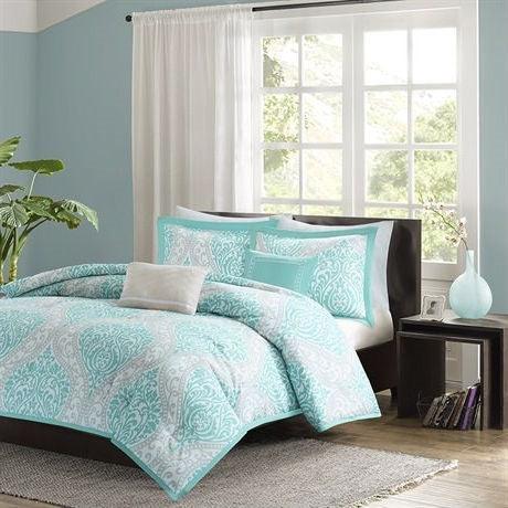 Twin / Twin XL Aqua Teal Turquoise Blue White Modern Damask Comforter Set - beddingbag.com