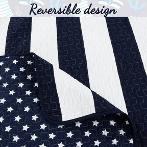 Twin 2 Piece Navy White Stars Stripes 100-Percent Cotton Reversible Quilt Set