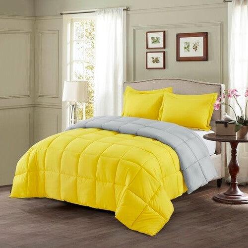 Full/Queen Traditional Microfiber Reversible 3 Piece Comforter Set in Yellow/Light Gray