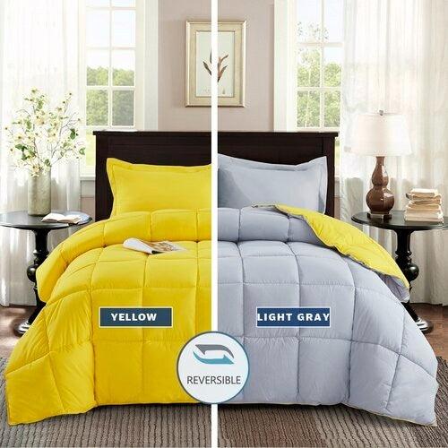 Full/Queen Traditional Microfiber Reversible 3 Piece Comforter Set in Yellow/Light Gray