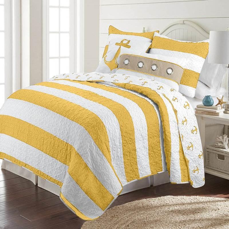 Full/Queen 3 Piece Striped Anchors Reversible Microfiber Quilt Set Yellow