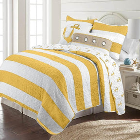 King 3 Piece Nautical Striped Anchors Reversible Microfiber Quilt Set Yellow