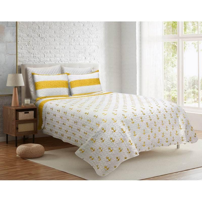 King 3 Piece Nautical Striped Anchors Reversible Microfiber Quilt Set Yellow