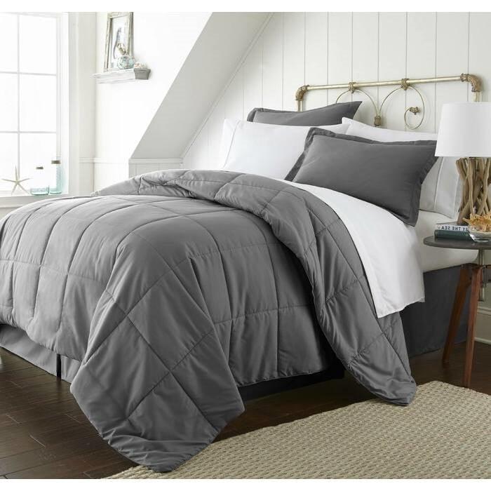 Full 8-Piece Microfiber Baffle-Box Reversible Bed-in-a-Bag Comforter Set in Grey